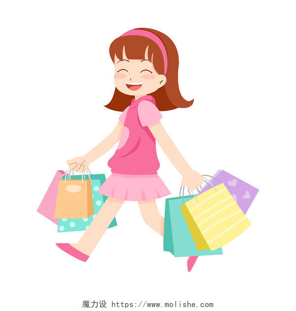 彩色手绘卡通双十一女孩疯狂购物购物袋元素PNG素材